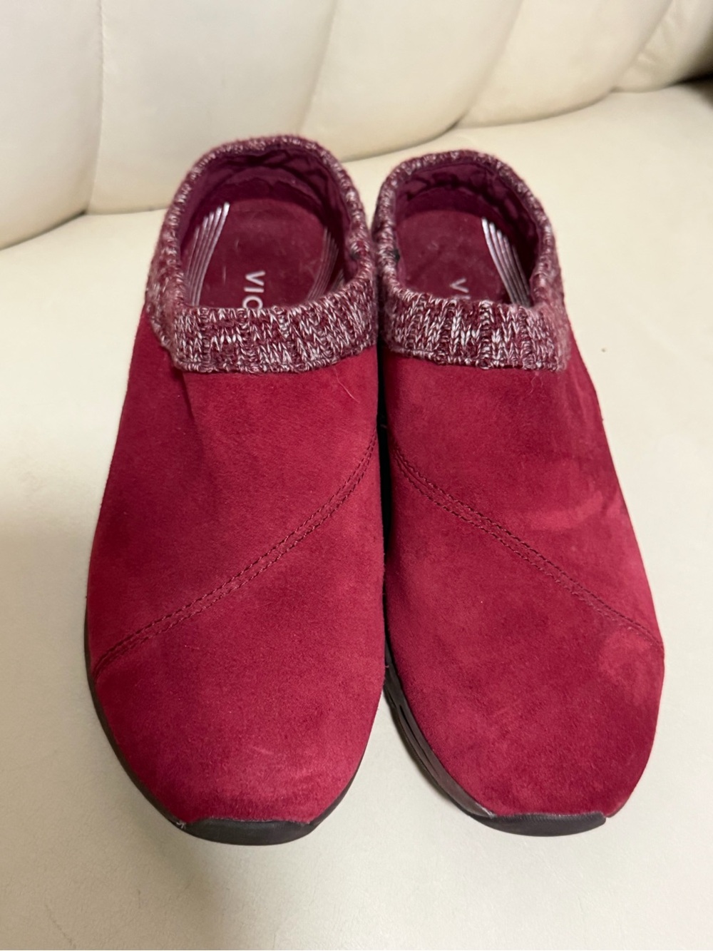 Vionic Wine Suede Slip-On Moccasins with Knit Collar